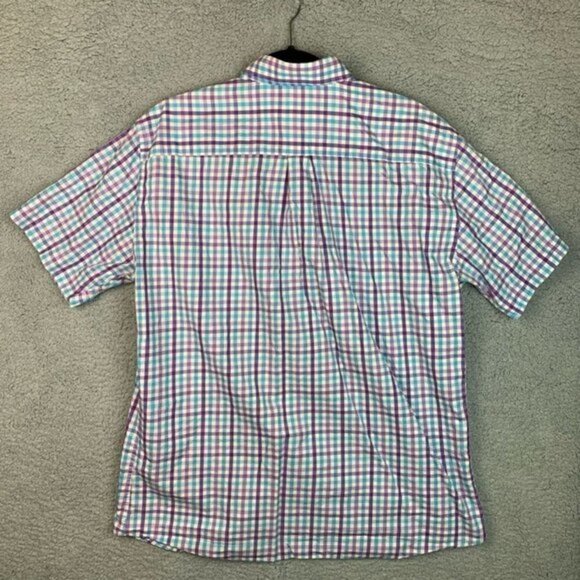 Peter Millar Mens Button Down Shirt Blue White Gingham Short Sleeve Pocket L - Picture 2 of 10